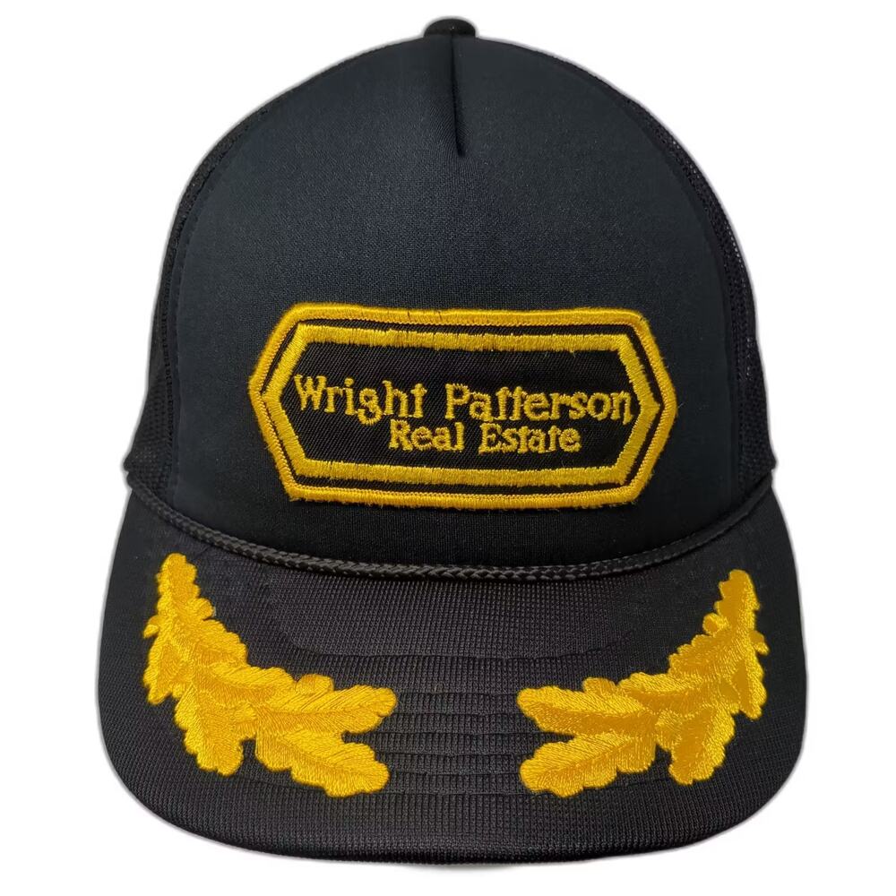 Hanes Trucker Hat Black Yellow Wright Patterson Real Estate OS Embroidered Patch